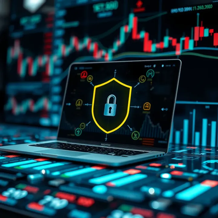 Conceptual representation of secure online trading with digital protection symbols and financial graphs
