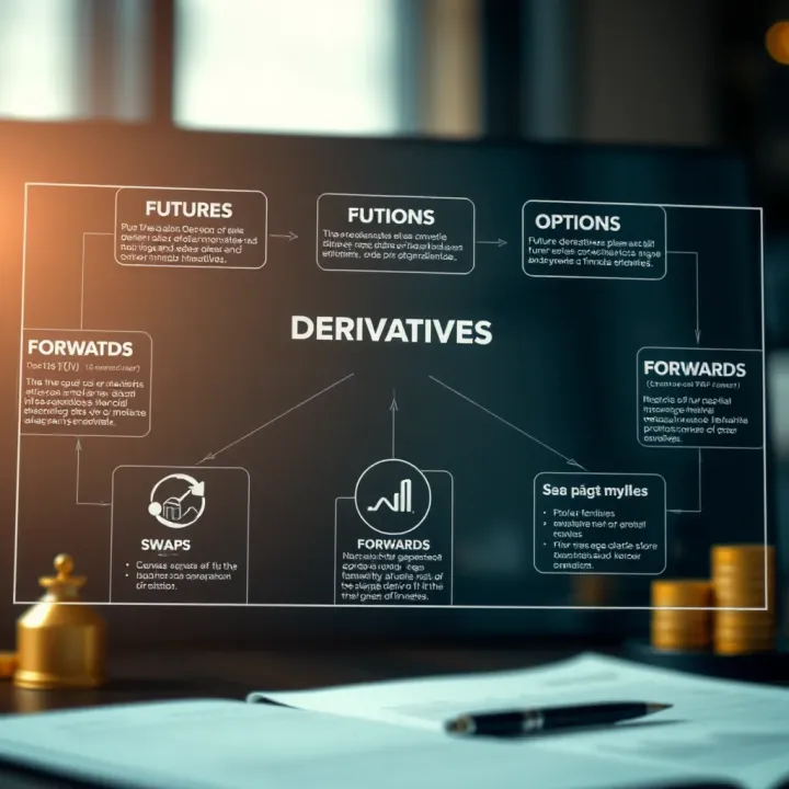 Diagram illustrating key types of financial derivatives including futures, options, swaps, and forwards