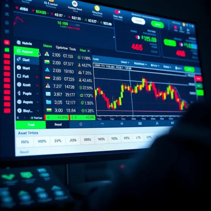 Interface of IQ Option trading platform showing various asset options and trading tools