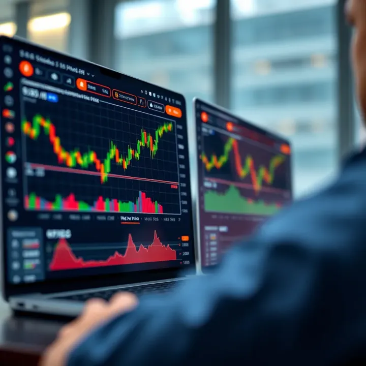 Illustration showing an online trading platform with graphs and trading options on the screen