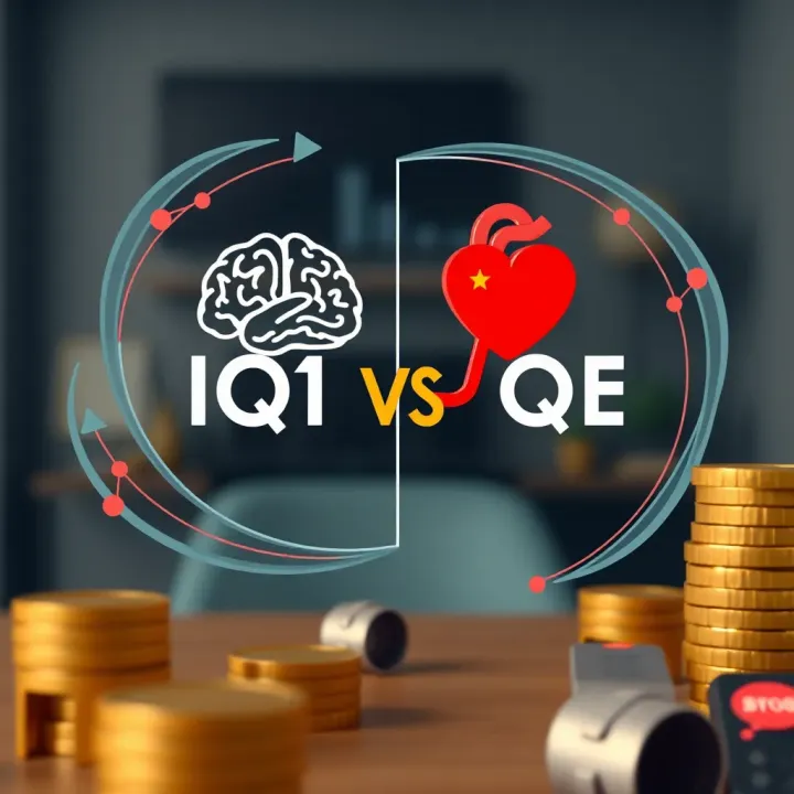 Graphic showing the balance between intellectual intelligence and emotional intelligence with icons representing brain and heart